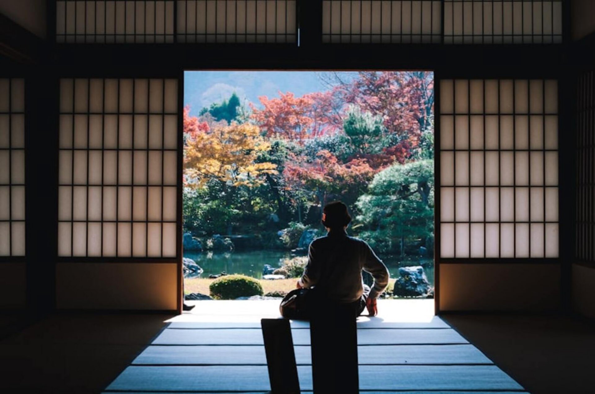 畳の間から眺める紅葉の庭園 — 秋の日本